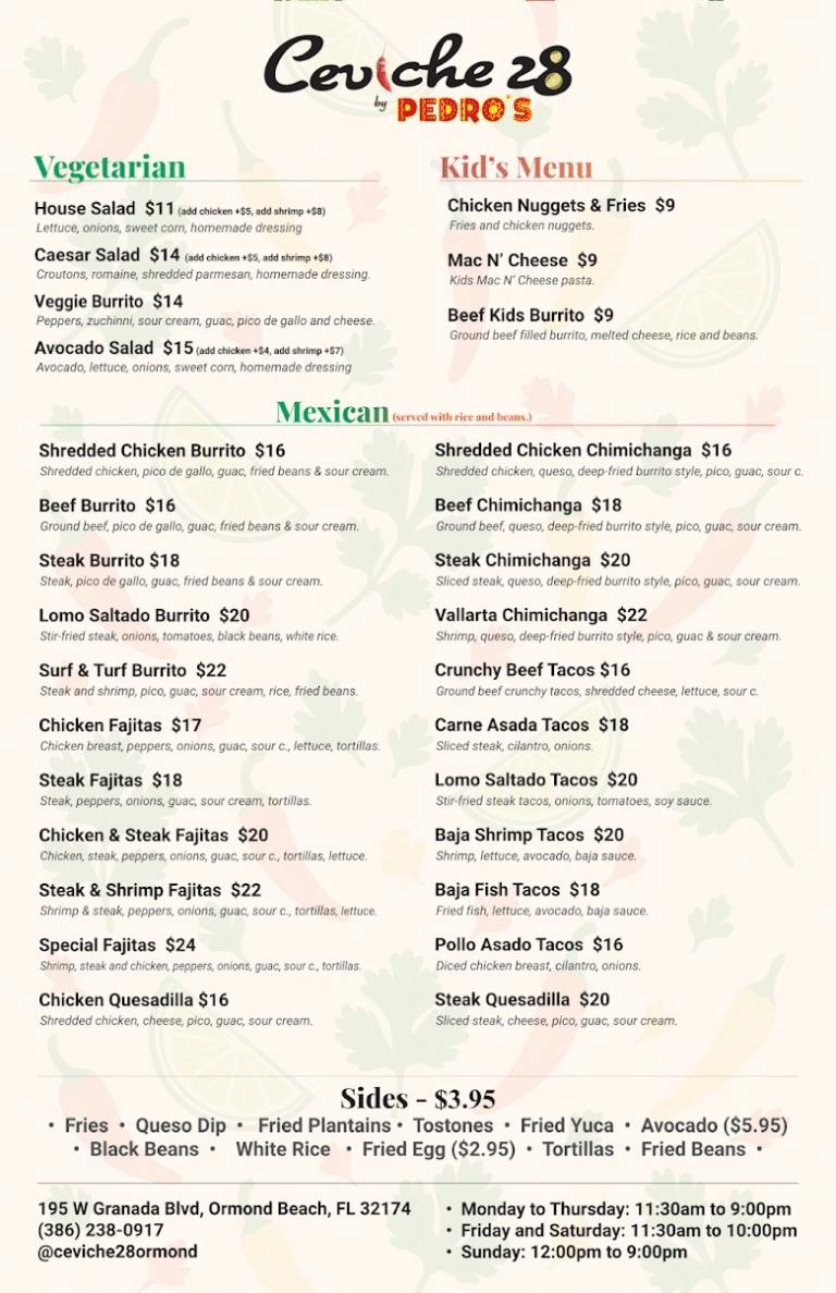 Ceviche 28 Menu Back Page Daytona Beach Ormond Beach