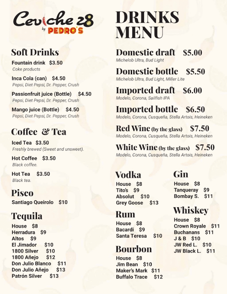 ceviche 28 menu drinks page daytona beach ormond beach
